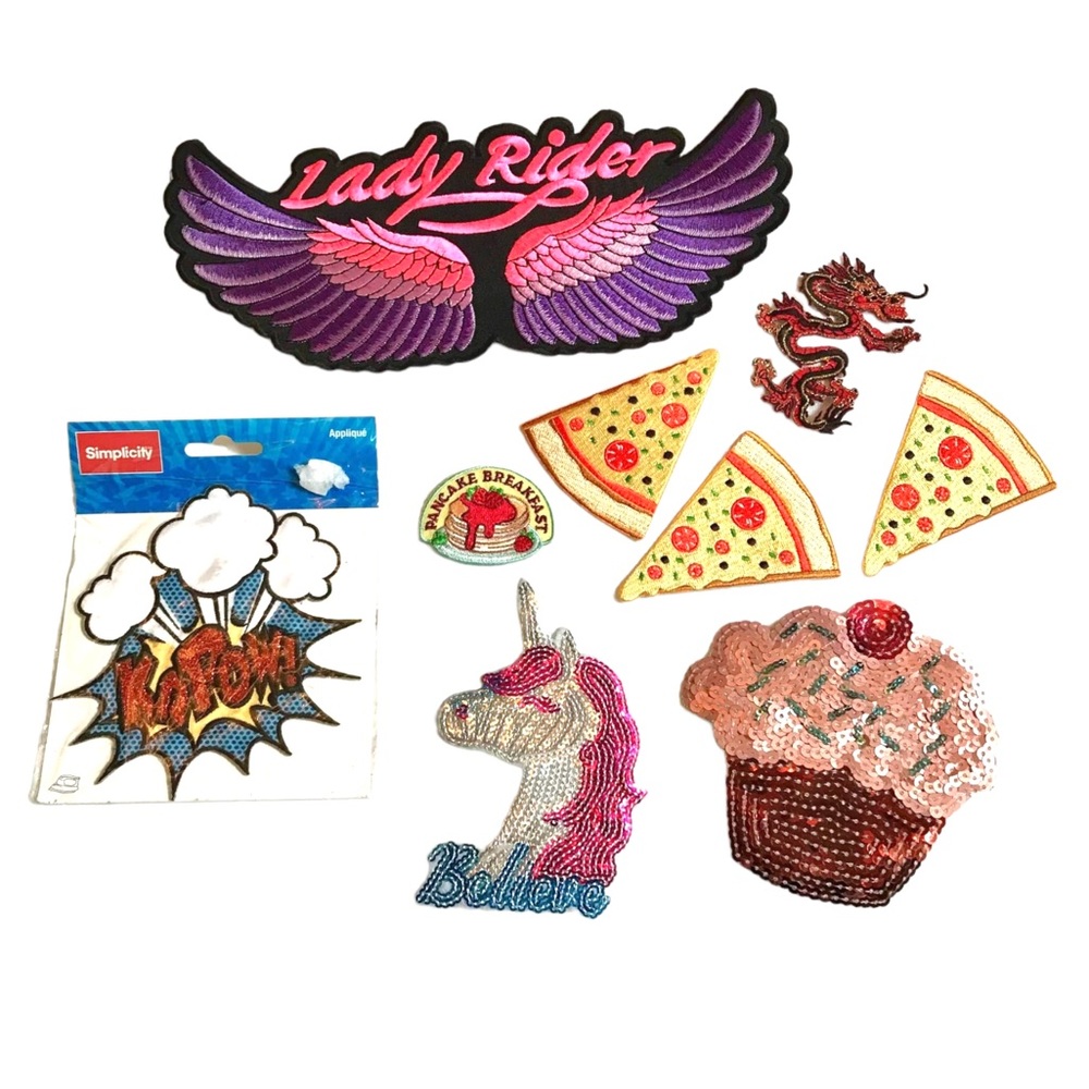9 iron on patches fun girly sequin embroidered pizza cupcake Lady Rider unicorn